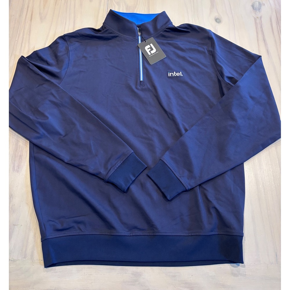 FootJoy FJ Mens Performance Half Zip Pullover Navy Blue Intel Logo L 23036 NWT